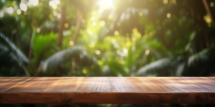 The empty wooden table top with blur background of amazon rainforest exuberant. Nature-Themed Wooden Tabletop with Rainforest Background