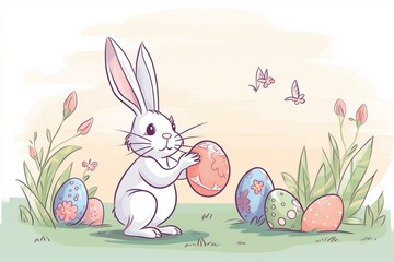 Illustration of bunny holding an Easter egg. Generative AI