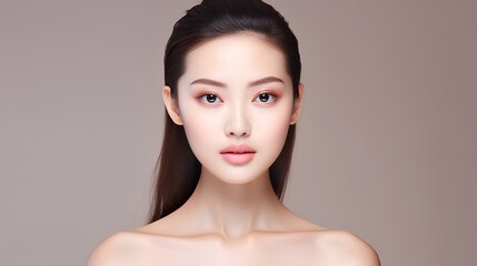 Beautiful young Asian woman with clean fresh skin, on beige background with copy space, facial treatment, facial care. Cosmetology, beauty and spa. Asian woman portrait