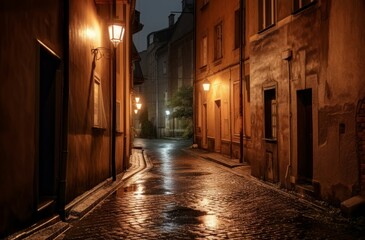 Fototapeta na wymiar Night arrow alley. Structure alley. Generate Ai