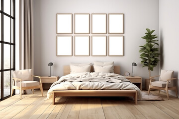 Empty poster frames in the bedroom. Made with generative AI technology