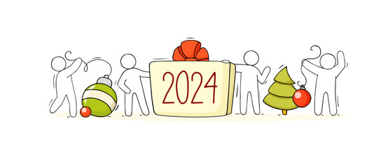 Happy New year 2024 banner with doodle people