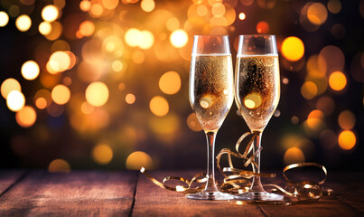 zwei Champagnergläser vor festlichen Hintergrund - obrazy, fototapety, plakaty