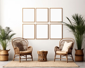 Empty white frame mockup on a white wall in modern Boho-style living room. Made with generative AI technology