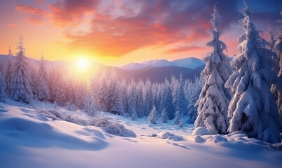 verschneiter magischer Winterwald im Sonnenuntergang