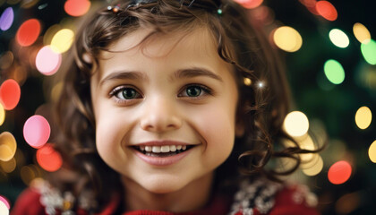 Fototapeta na wymiar Cute christmas girl with blurred christmas tree lights