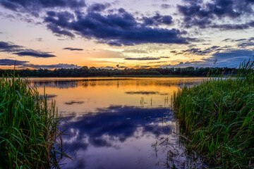Fantastic reflection of the clouds on the lake, sunset, Wintersett Reservoir