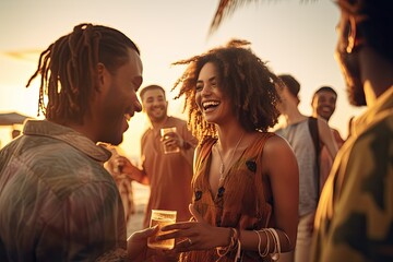 A diverse group of friends, both young and old, come together for a fun and carefree sunset beach party, enjoying music, drinks and laughter by the sea. - obrazy, fototapety, plakaty