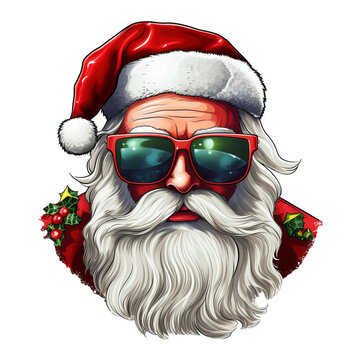 Cool Santa with Sunglasses Clipart on Transparent Background, Funny Santa Claus Christmas Watercolor Design.
