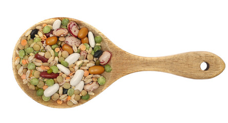 Mix legumes and cereals in wooden spoon, (beans, peas, lentils, barley, spelt) isolated on white,...