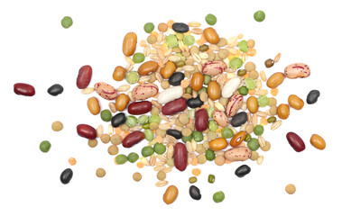 Mix legumes and cereals, (beans, peas, lentils, barley, spelt) isolated on white, top view