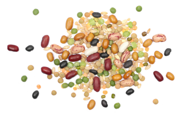 Mix legumes and cereals, (beans, peas, lentils, barley, spelt) isolated on white, top view