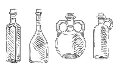 Glass bottles. Sketch of bottles for oil, wine, rum and others. vector illustration
