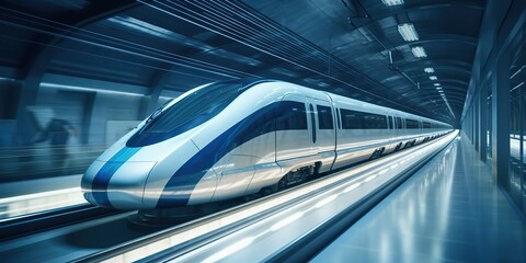 Fototapeta premium AI Generated. AI Generative. Fast speed train metro sybway on ground station railroad motion move machine background. Graphic Art