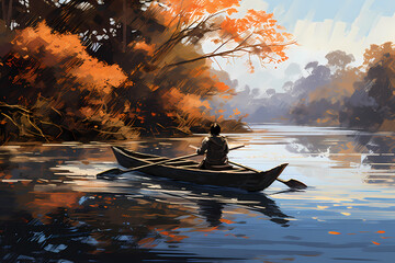 boatman rowing a boat on the arashiyama river in autumn anime style - obrazy, fototapety, plakaty