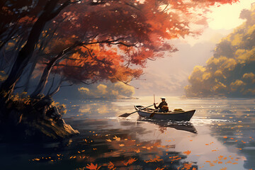 boatman rowing a boat on the arashiyama river in autumn anime style - obrazy, fototapety, plakaty