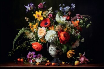 Arrangement of flowers in a vase. Generative AI