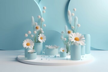 Flowers cosmetic presentation blue. Flower luxury studio. Generate Ai
