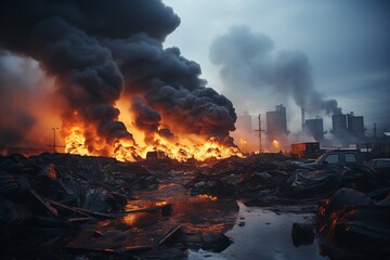 Environmental pollution. Fire at the landfill. The concept of ecological disaster, disaster, disaster.