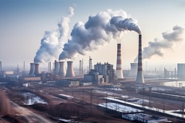 Environmental pollution. Greenhouse effect. Power plant with smoking chimneys. Industrial landscape. Global warming. Industrial landscape with smoking chimneys of power plant. 