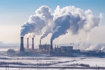 Environmental pollution. Greenhouse effect. Power plant with smoking chimneys. Industrial landscape. Global warming. Industrial landscape with smoking chimneys of power plant. 