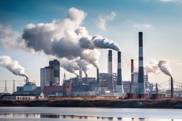 Obraz premium Environmental pollution. Greenhouse effect. Power plant with smoking chimneys. Industrial landscape. Global warming. Industrial landscape with smoking chimneys of power plant. 