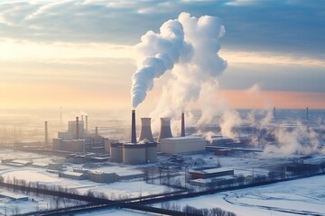 Environmental pollution. Greenhouse effect. Power plant with smoking chimneys. Industrial landscape. Global warming. Industrial landscape with smoking chimneys of power plant. 