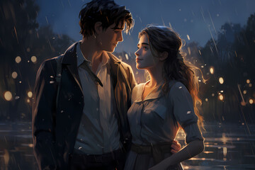 man and woman taking a walk in the rain anime style