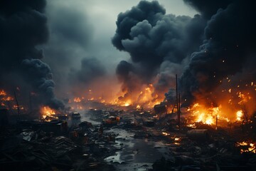 Obraz premium Environmental pollution. Fire at the landfill. The concept of ecological disaster, disaster, disaster.