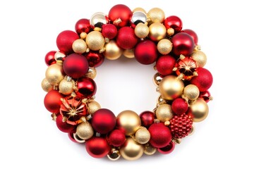 Festive Christmas wreath with red and gold balls on a white background, perfect for holiday celebrations and decor.