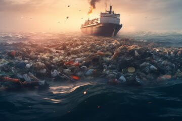 Mountains of garbage on the water. Plastic waste in the sea. Plastic trash on the lake. 3d rendering. The concept of environmental pollution. Global warming.
 - obrazy, fototapety, plakaty