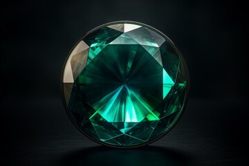 A circular gemstone on a dark background, wide perspective. Generative AI