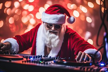 A cool senior man in a Santa Claus costume DJs at a lively Christmas party, mixing holiday music.