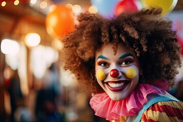 A scary and creepy clown with a red and dark makeup, evoking fear and terror, perfect for a horror movie or Halloween theme.