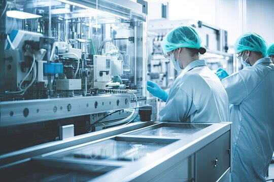 In a sterile medical manufacturing factory, professionals in clean uniforms and masks produce pharmaceuticals with advanced technology.