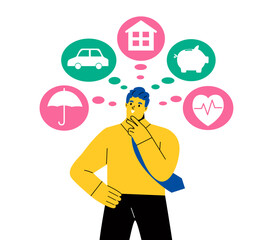 Business man dreaming about home, investment, health, car and money saving. Flat vector illustration isolated on white background