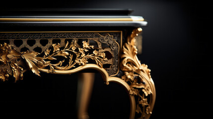A close-up of a black and gold desk with intricate details on its legs