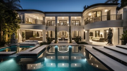 Glamorous Hollywood Mansion with Pool and Outdoor entertainment - obrazy, fototapety, plakaty