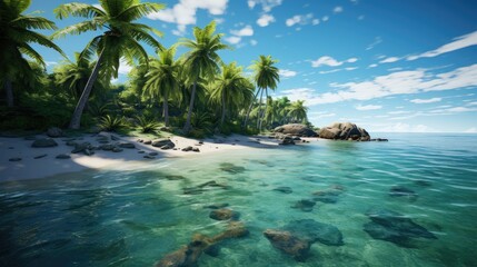 Tropical island paradise: shimmering waters and swaying palm trees