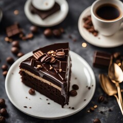 homemade delicious cake with cocoa and chocolate on white marble in a plate with background lights