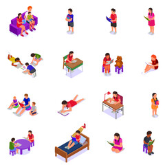 Children Reading Learning Drawing Isometric Icon Set