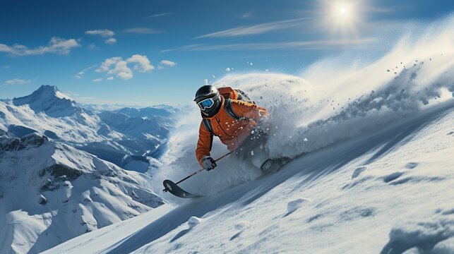 Man skiing in the mountains. AI Generated.