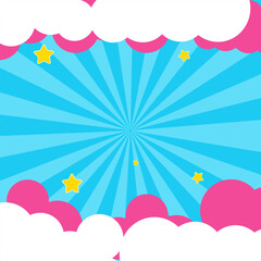Sunburst light background with yellow stars and clouds. Kids background