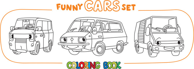 Funny small cars with eyes. Coloring book set.