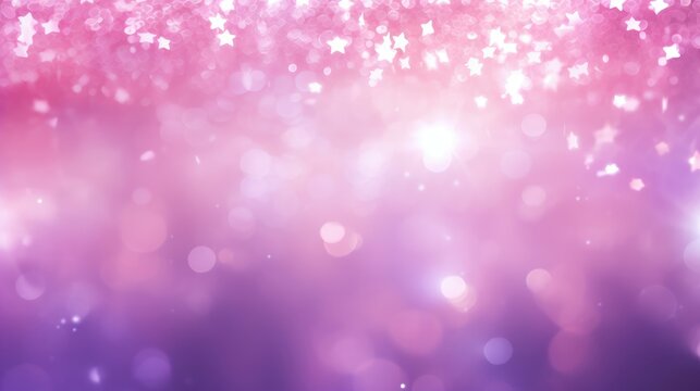 Pink party invitation background. Abstract delicate bright pink purple bokeh texture with stars and lights. Beautiful backdrop for design of invitation for various holidays. Card concept.