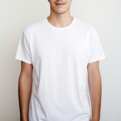 Man in Casual White T-Shirt Standing on White Background