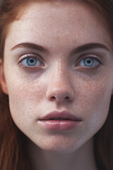 Extreme closeup portrait of a fair skinned fashion model with light freckles.