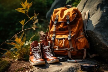 Backpack with hiking shoes and essentials for a long journey. Generative AI