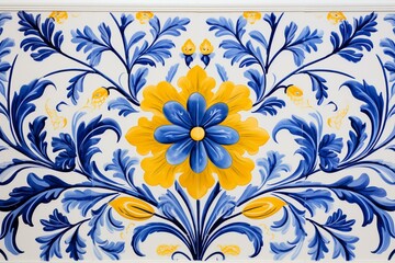 Traditional Portuguese mosaic with blue and yellow watercolor artwork. Antique ceramic tiles featuring a floral pattern. Generative AI
