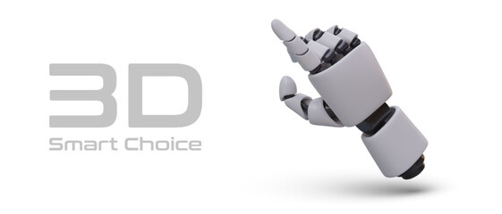Smart choice. 3D robotic hand points to inscription. Advertising poster on white background. Innovative technologies. Transition to new level. Help, assistance of droids